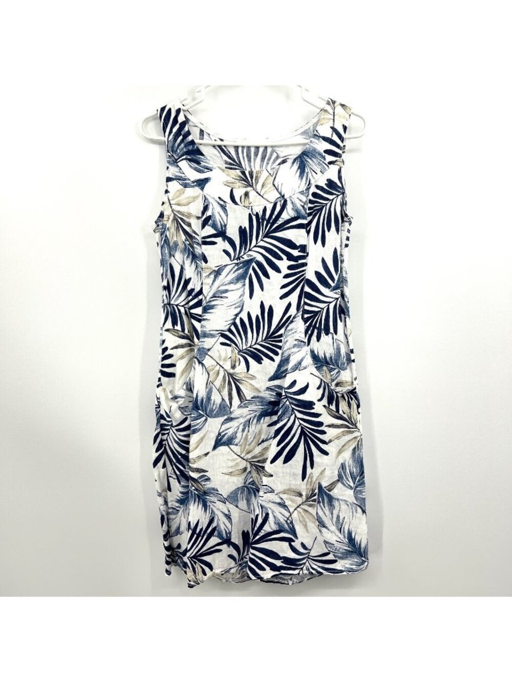 Italian 100% Linen Floral White Blue Sleeveless Dress Women's Medium